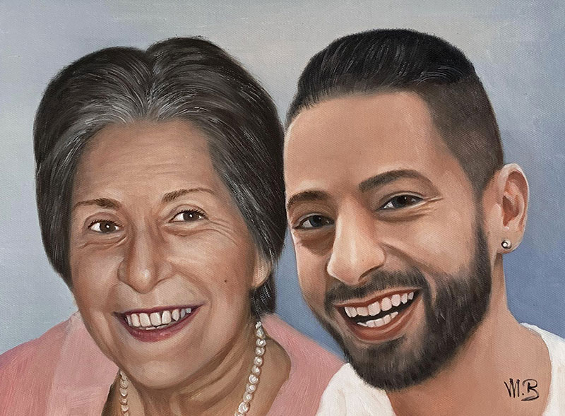 Beautiful oil painting of a mother and son