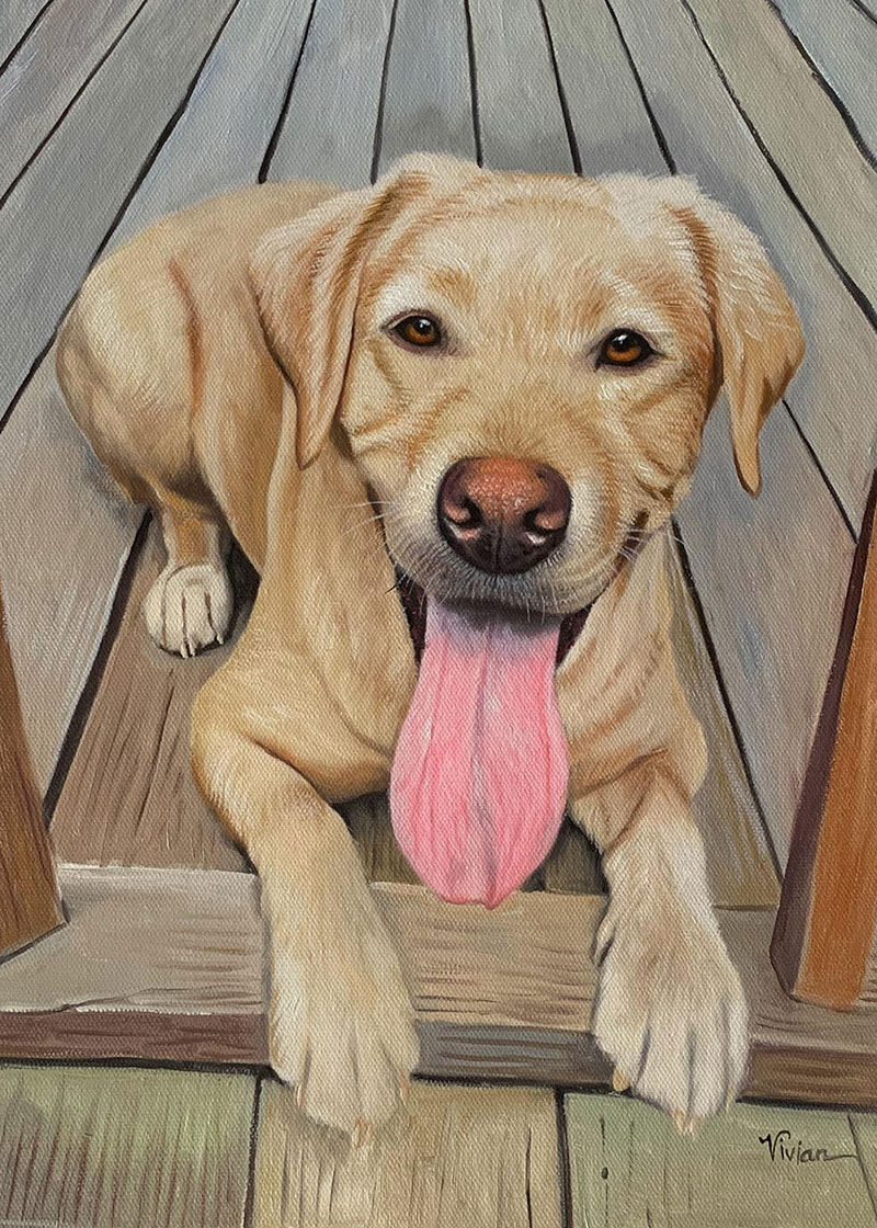 Painting of a yellow Labrador Retriever panting on a wooden deck.