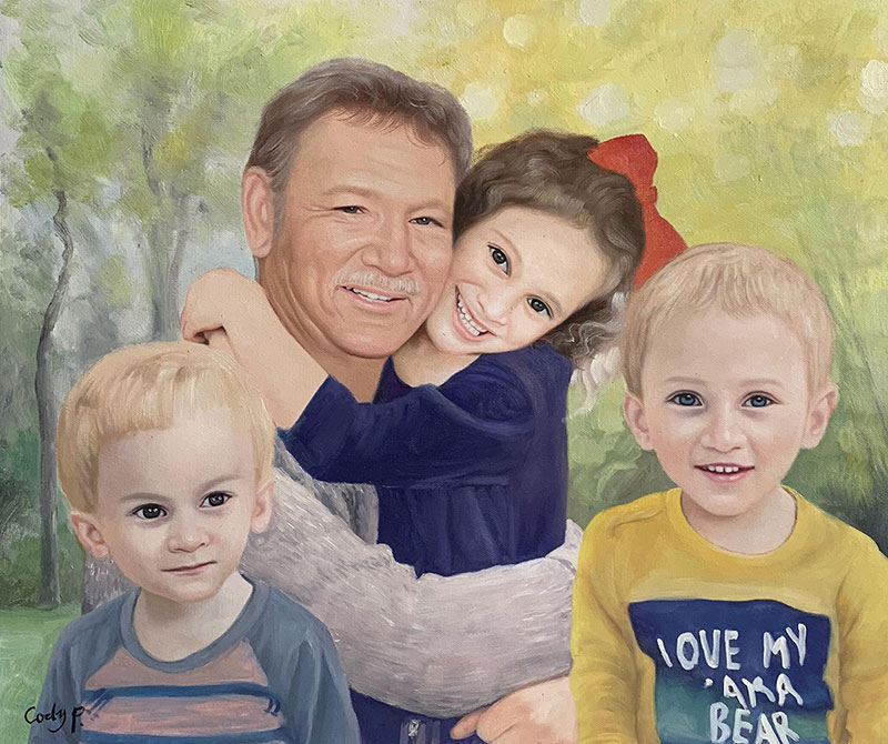 Gorgeous oil painting of grandfather and grandkids
