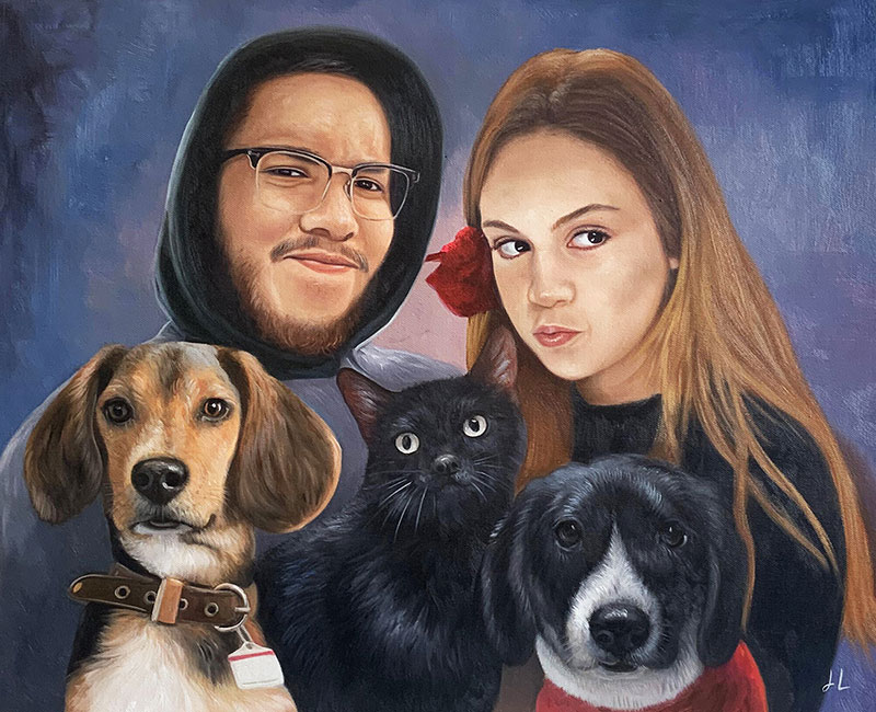 Custom oil painting of a couple with pets