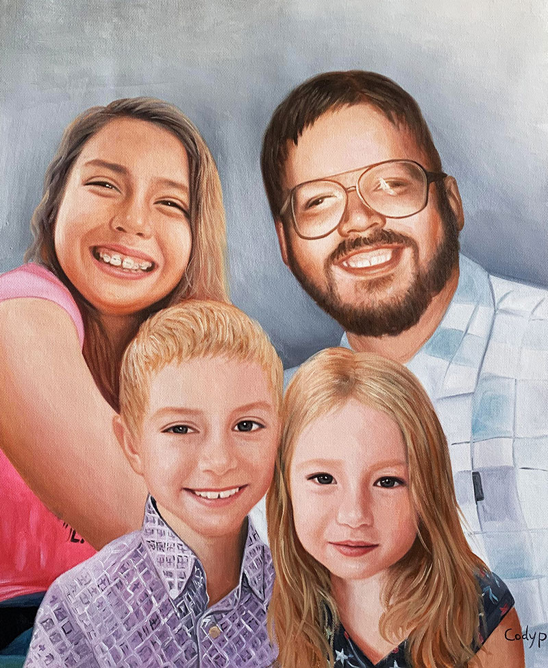 Custom oil painting of a father and children