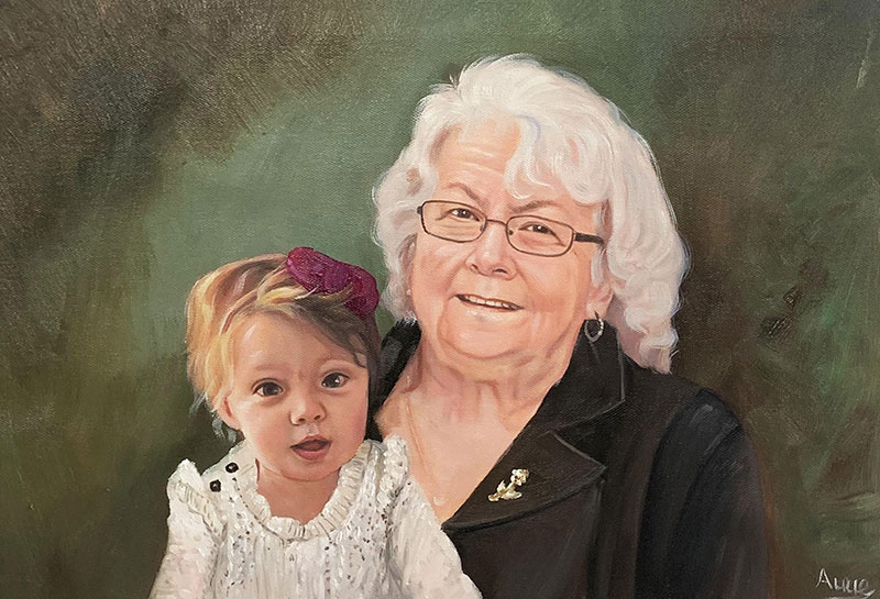 Painting of a grandmother and granddaughter.