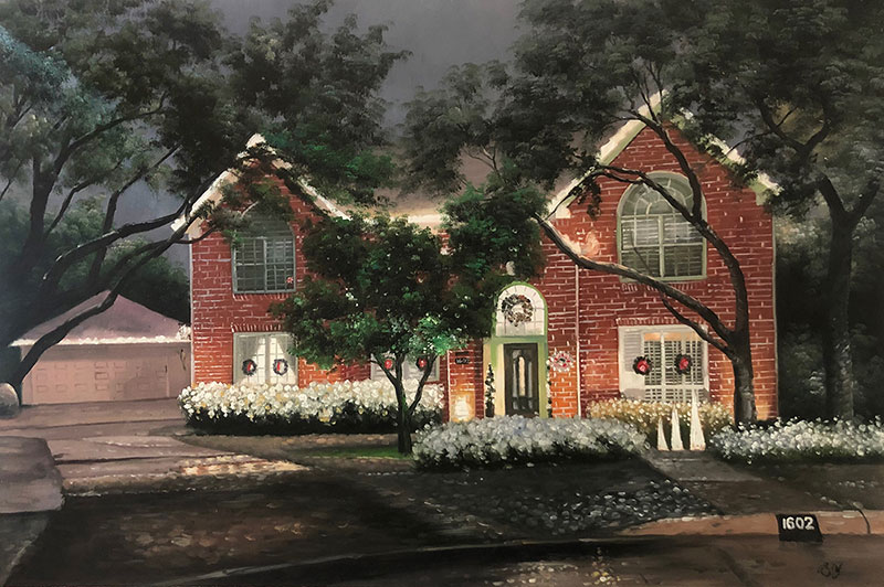 Painting of a brick house at night, decorated for Christmas.