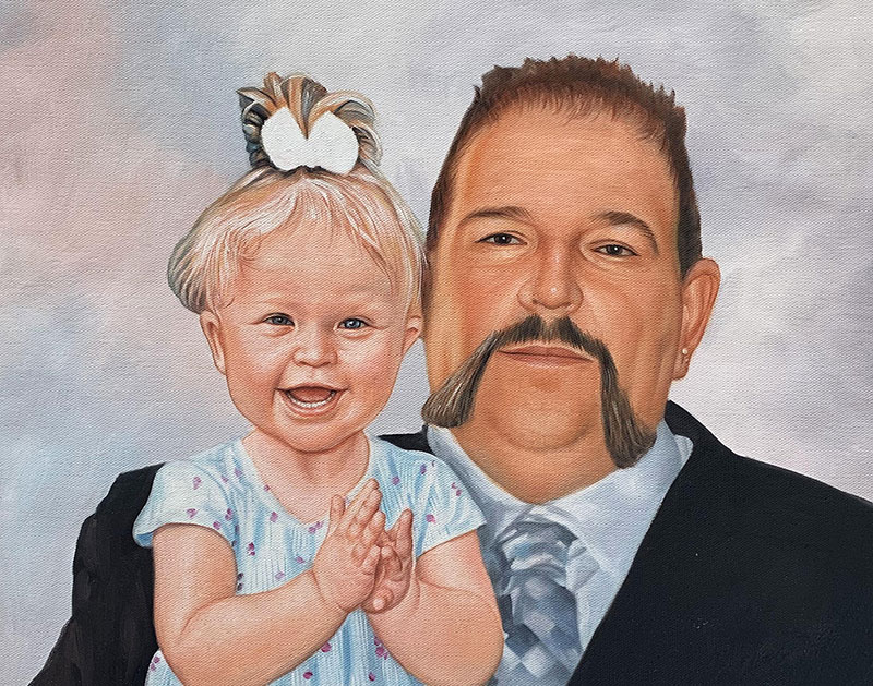 Painted portrait of a man with a mustache holding a toddler girl.