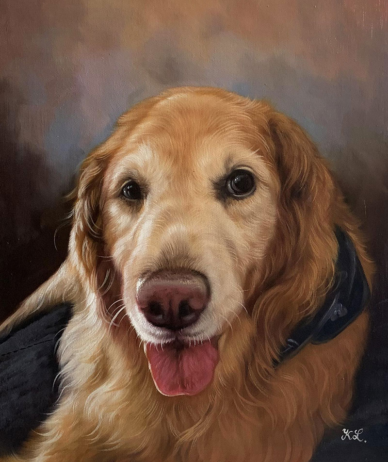 Painting of a golden retriever dog with its tongue out.