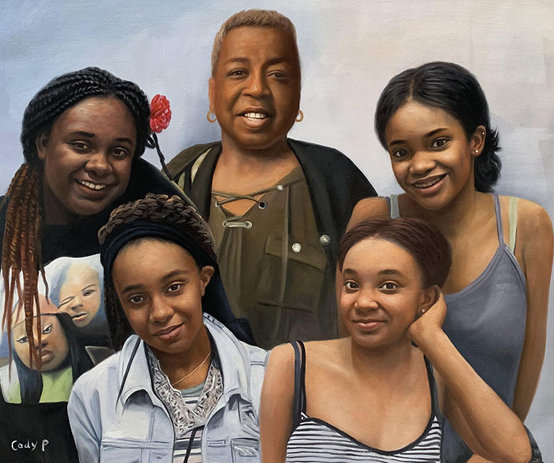Painted portrait of a woman and four young women.