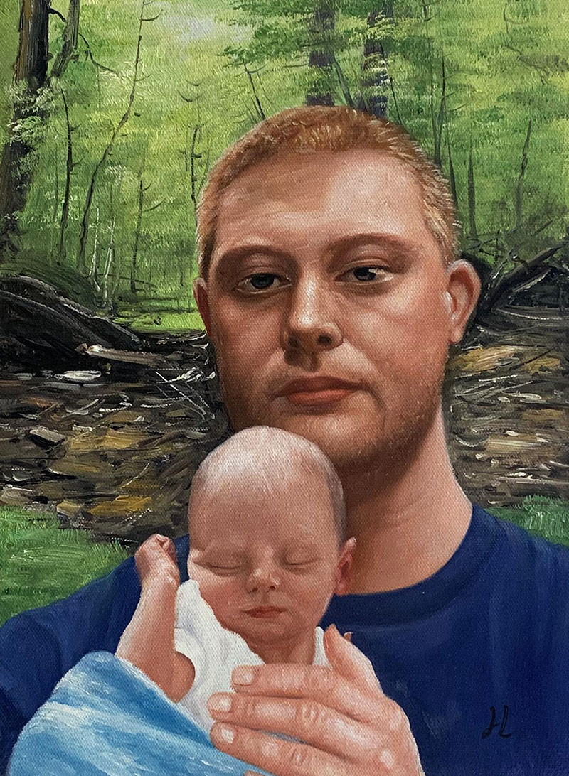 Custom handmade oil painting of a father holding a son