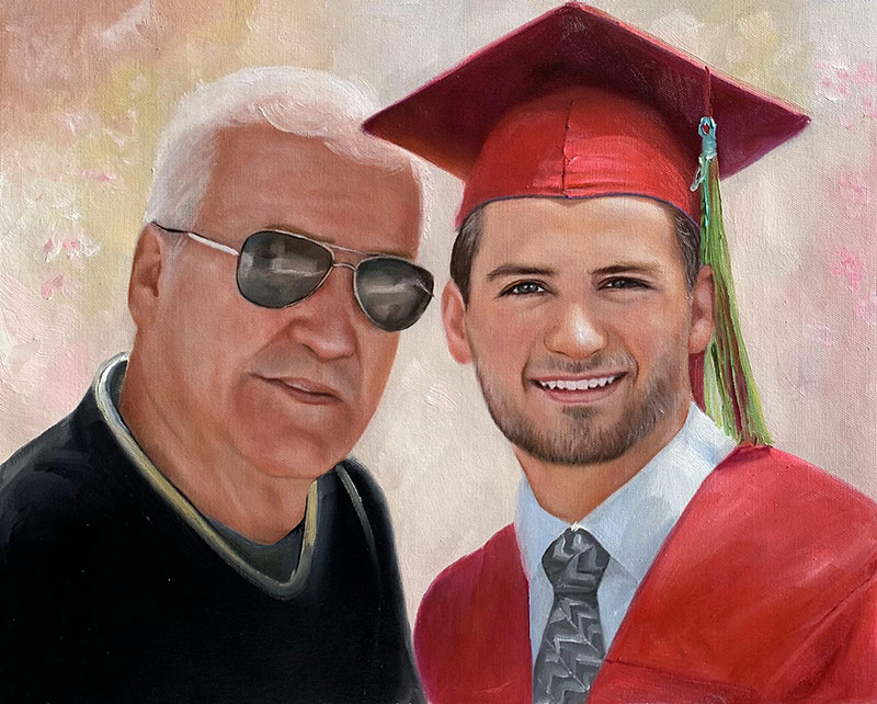 Painted portrait of an older man in sunglasses and a younger man in a graduation cap and gown.