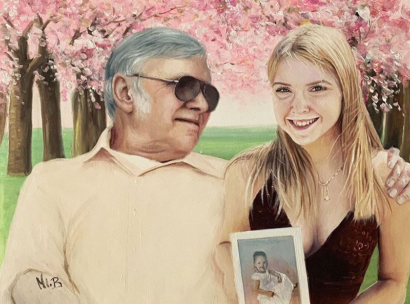 Beautiful oil artwork of a grandfather and a granddaughter