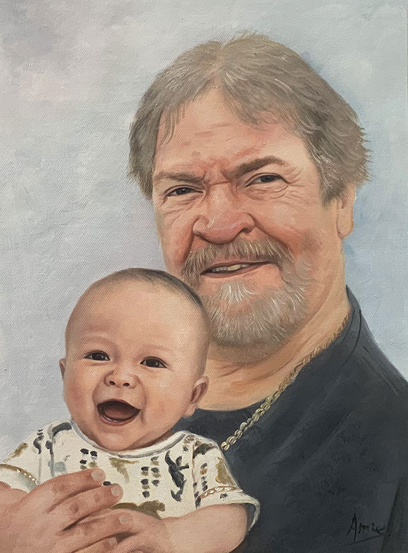 Painting of a smiling older man holding a laughing baby.