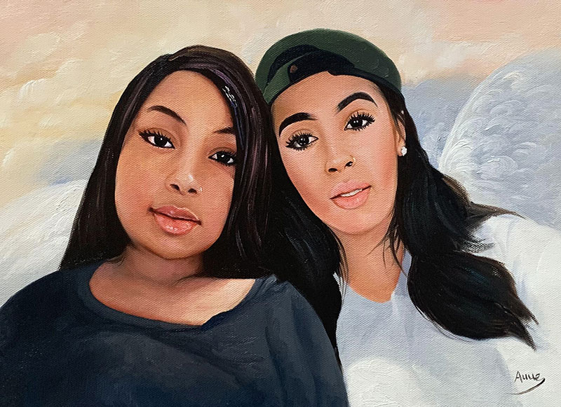 Painting of two young women with angel wings in the background.
