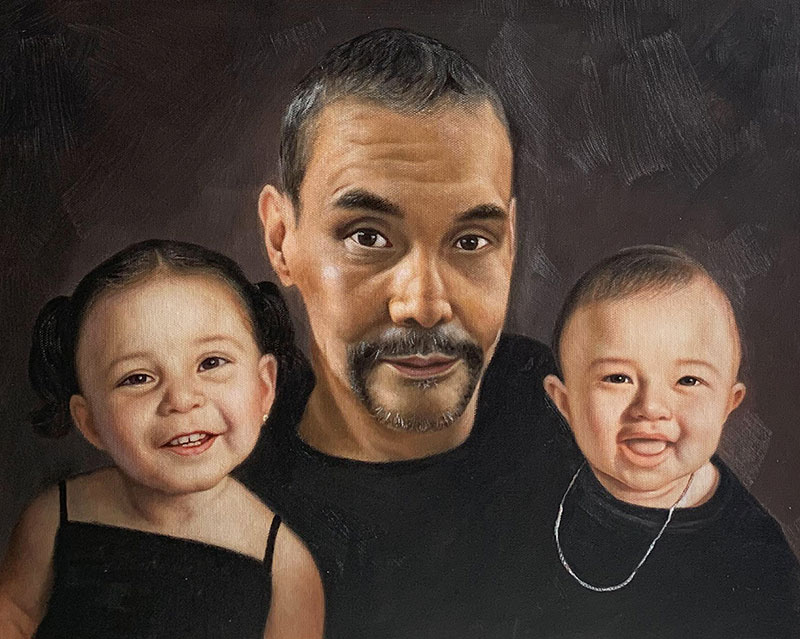 Painting of a man with two young children.