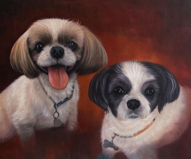 Painting of two Shih Tzus, one light tan, one black and white.