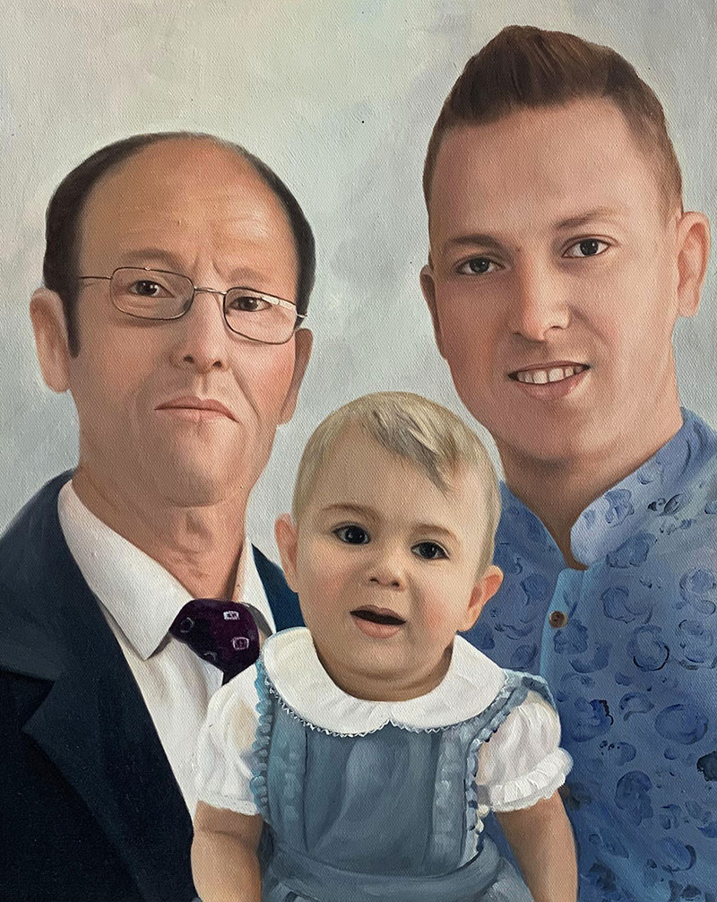 Painted portrait of a grandfather, father, and baby.