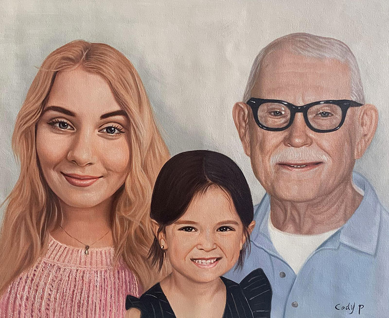 Painted portrait of a young woman, a young girl, and an older man.