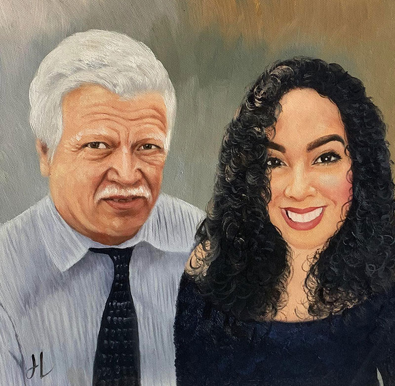 Painting of an older man with gray hair and a younger woman with dark curly hair.