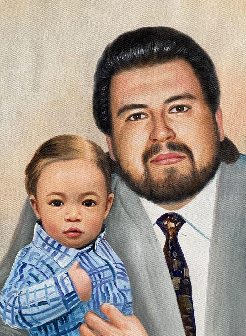 Oil painting portrait of a man holding a toddler.