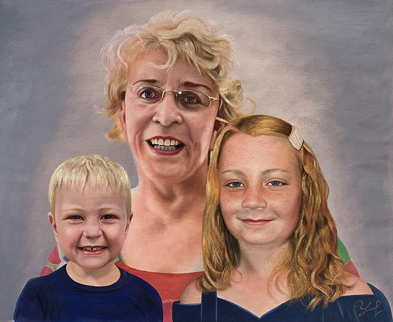 Painted portrait of a grandmother with a young boy and girl.