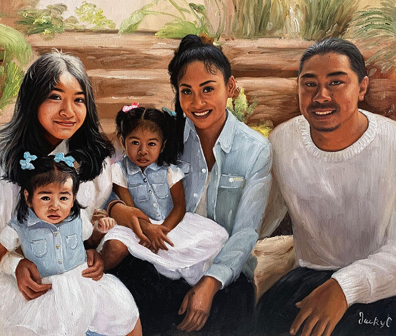 Family portrait painting, two parents, two young daughters.