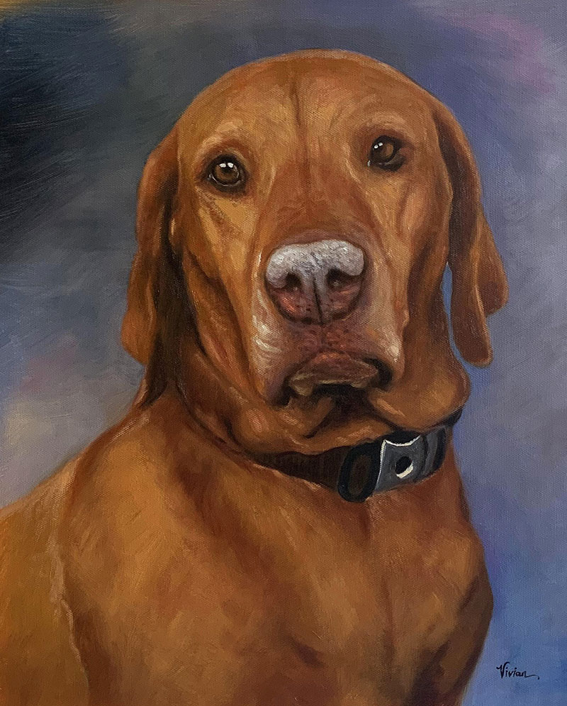 Painting of a Vizsla dog wearing a collar.