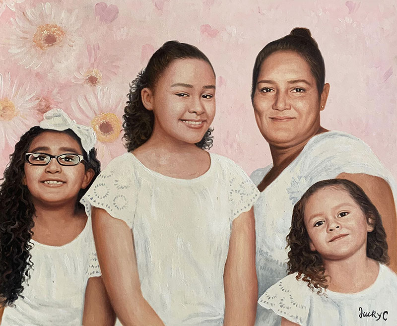 Painted portrait of a mother and her three daughters.