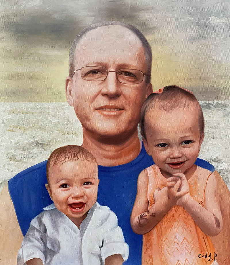 Portrait painting of a father with his two young children, set against a seascape.