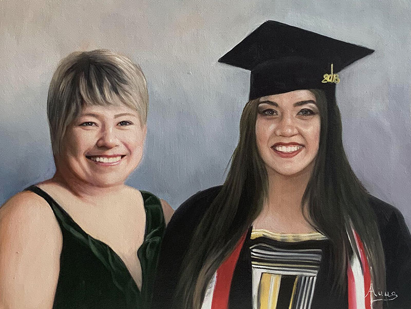 Painted portrait of a mother and her daughter, the daughter wearing a graduation cap and gown.