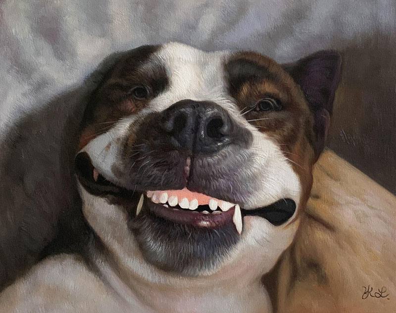 Painting of a smiling Staffordshire Bull Terrier.