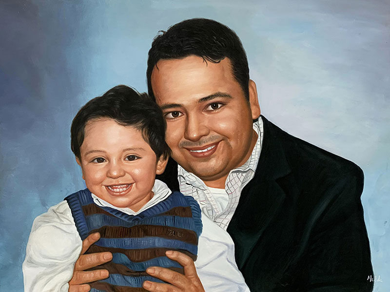 Oil painting portrait of a father and young son.