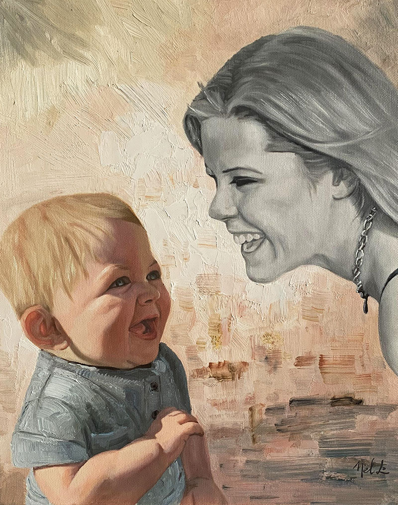 Painting of a laughing baby and woman