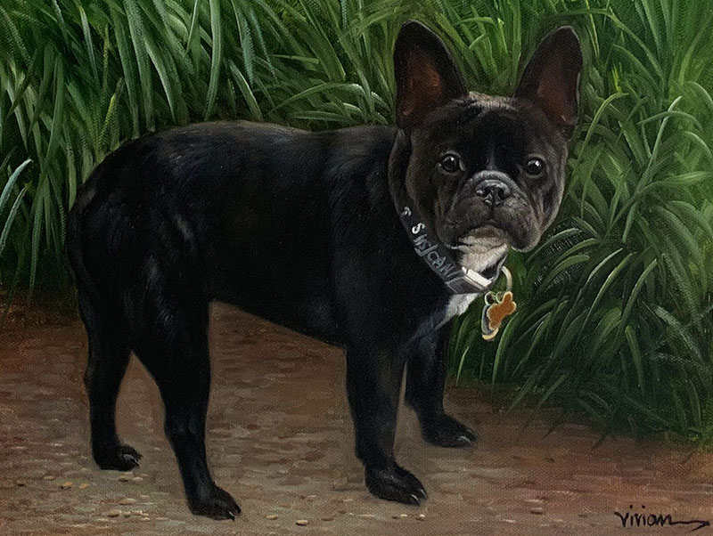 Painting of a black French bulldog standing in front of green plants.