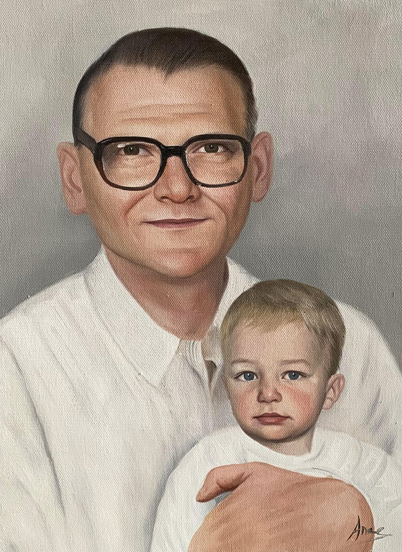 Painting of a man in glasses holding a toddler.
