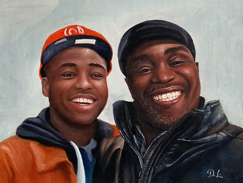 Painting of a smiling father and son.