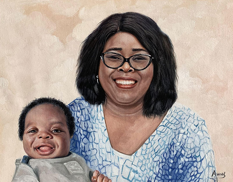 Painting of a smiling woman wearing glasses holding a smiling baby.