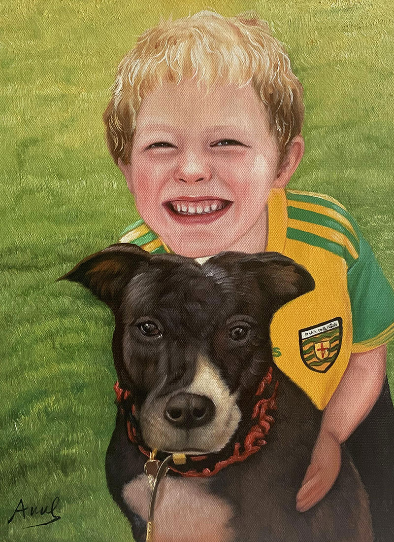 Portrait painting of a smiling boy hugging his black dog.