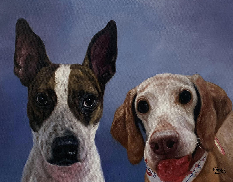 Painting of two dogs, one white and brown, the other light brown and white.