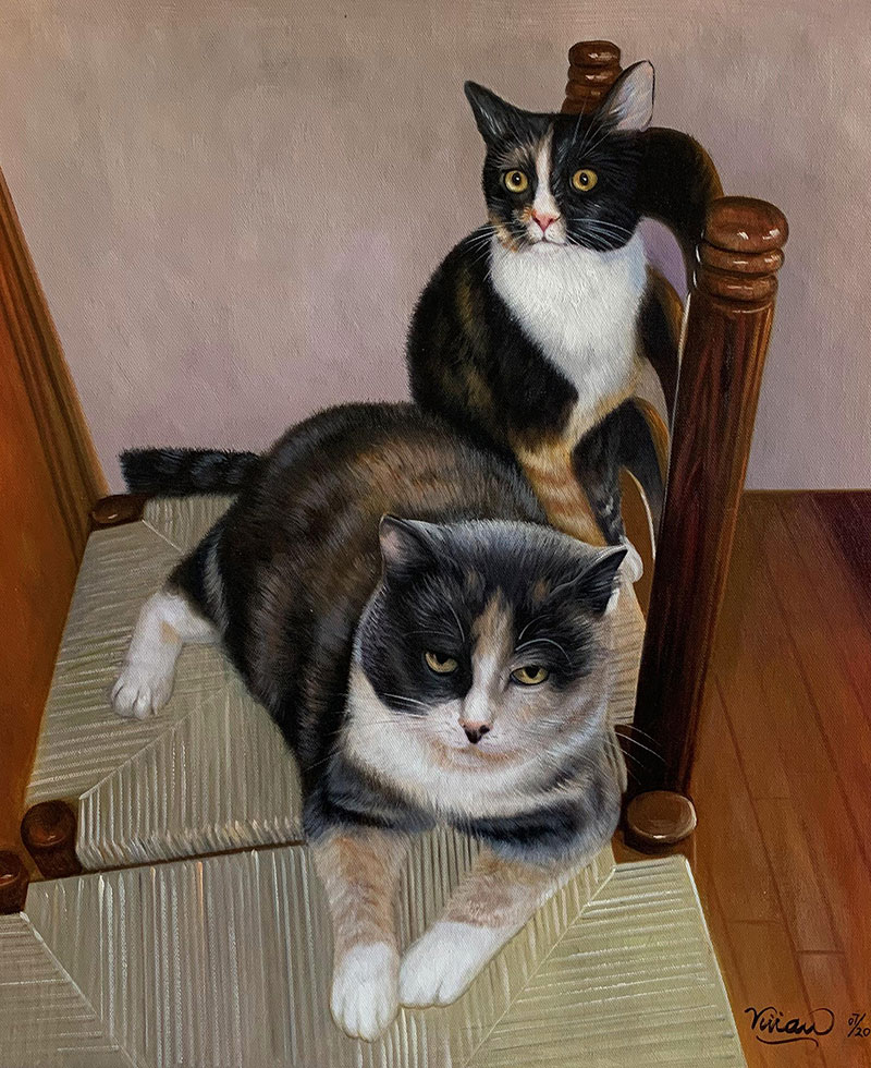 Painting of two calico cats on a chair