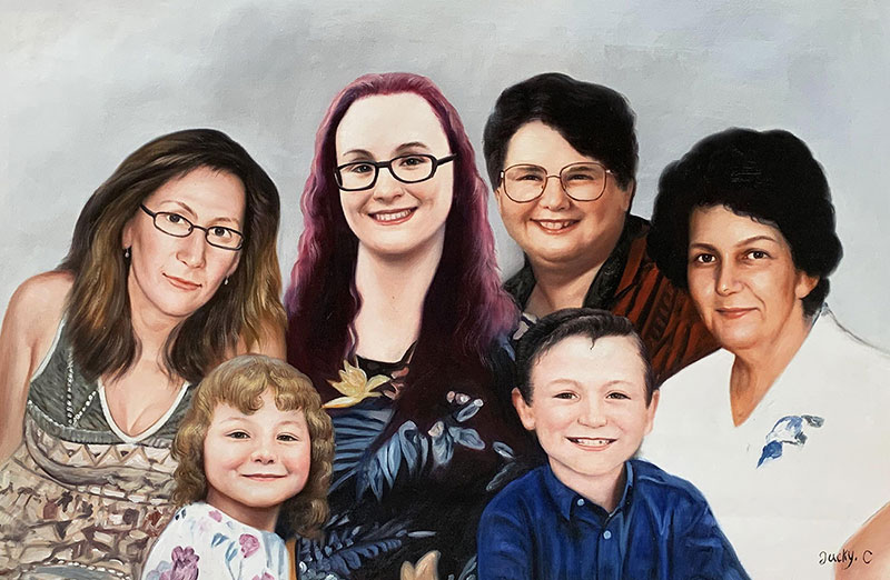 Painted portrait of five women and two children.