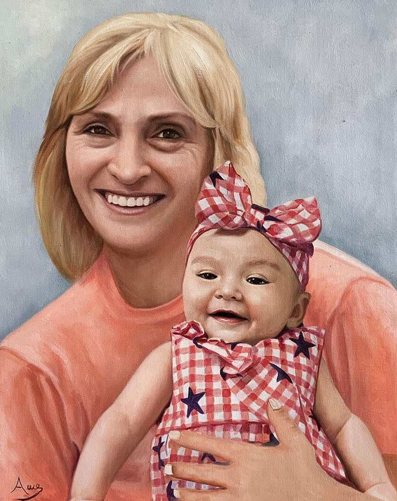 Painting of a smiling woman holding a baby girl.