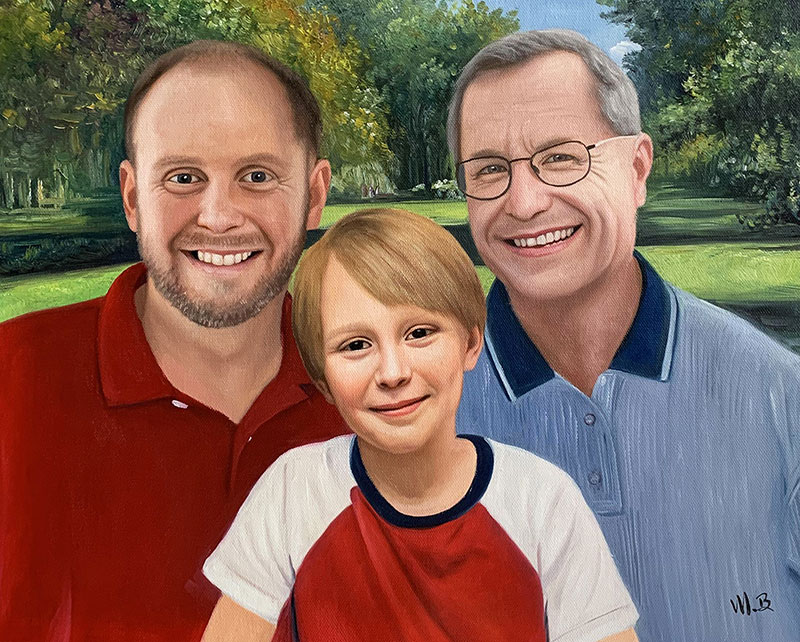 Painted portrait of two men and a boy smiling, outdoors.