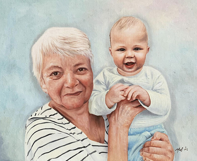 Painting of an elderly woman holding a baby.