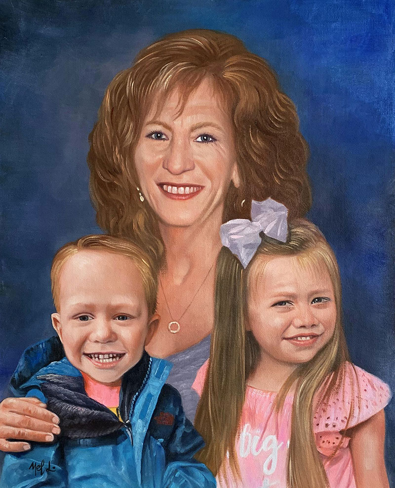 Painted portrait of a woman with a young boy and girl.