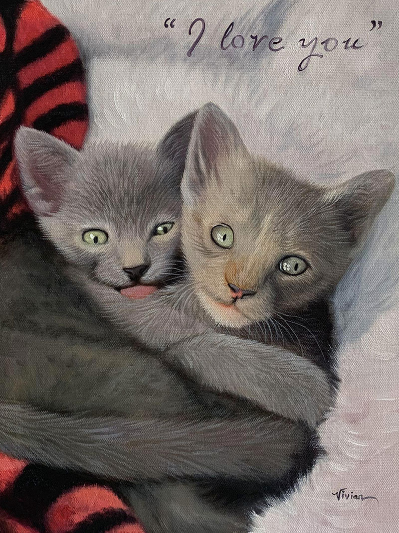 Painting of two grey kittens cuddling, I love you written above.