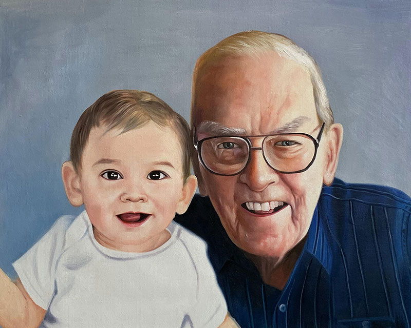 Painting of an elderly man with glasses and a baby.