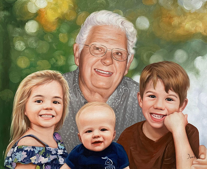 Painted portrait of a grandmother with three grandchildren.