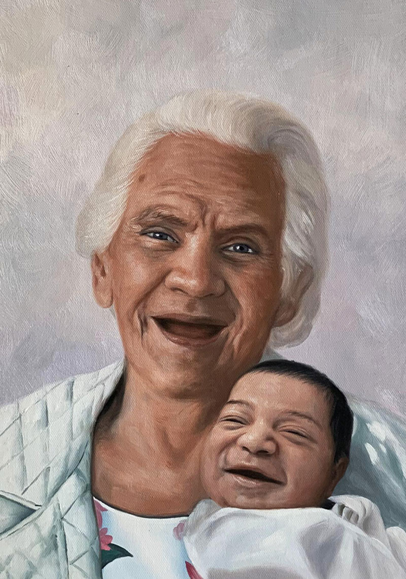 Painting of a smiling elderly woman holding a smiling baby.
