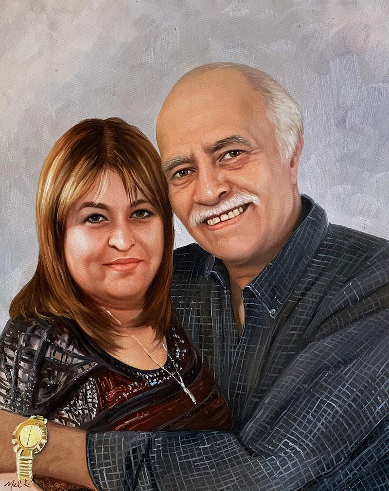 Painted portrait of a couple embracing, the man is older with a mustache, the woman has shoulder-length brown hair.