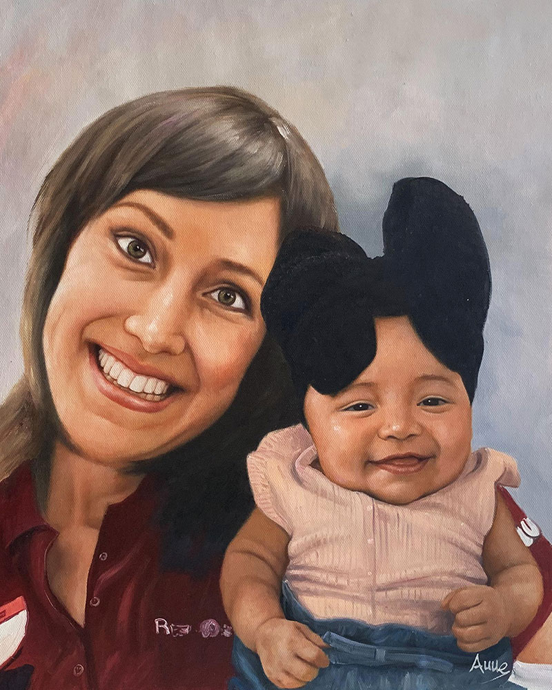 Painting of a smiling woman holding a baby girl wearing a black bow.