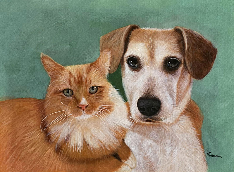 Painting of an orange cat and a light brown dog side by side.