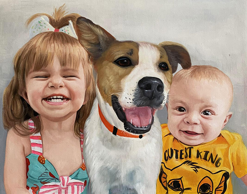 Painting of a girl and baby with their dog.